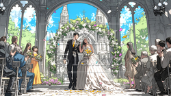 晴天の日のウェディングベルの鳴り響く中の結婚式