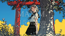 秋の景色：山の紅葉と朱い鳥居と女子高生