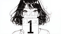 数字の「1」を掲げている若い女性（シンプルな色使い）｜9723053-13294