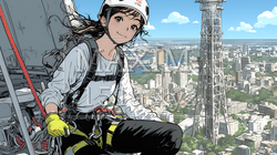 高所で作業をしている女性作業員