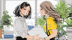 同僚に軽く挨拶をしている若いビジネスウーマン｜9739641-15974