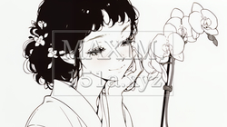 蘭の花と若い女性（シンプルな色使い）