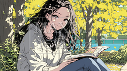 読書の秋：紅葉の木の下で本を読んでいる若い女性