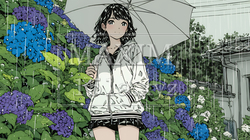 アジサイと梅雨の長雨と若い女性｜9763756-9279