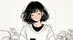 楽しそうにスマホ画面を眺めている若い女性（シンプルな色使い）