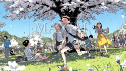 満開の桜の木の下で遊ぶ子供たち｜9766796-12491
