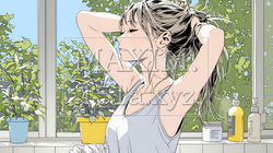 朝支度：洗面所で髪をまとめている若い女性｜9771677-16111
