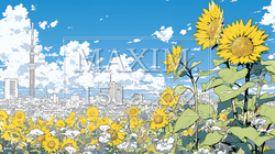 満開のひまわりと真夏の青空｜9787882-4305