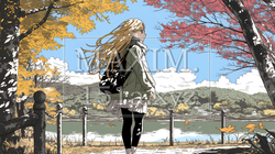 水辺の紅葉の小径を散策している若い女性｜9783736-16172