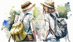 山にハイキングに来ている仲の良い若い女友達：水彩画 | 978634-4354