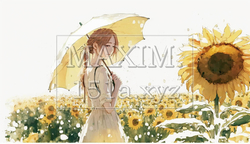 ひまわり畑で日傘を差して散歩している女性
