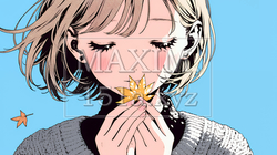 落ち葉をつまんで眺める若い女性｜秋を感じる女性のイラスト｜9598663-20507