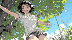 喜びにあふれ、軽やかにスキップする若い女性 | 9800032-16994