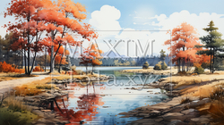 木々の紅葉が水面に映る美しい水辺の風景：水彩画 | 9801753-18686