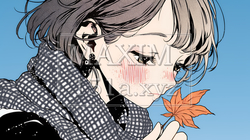 落ち葉をつまんで眺める若い女性｜秋を感じる女性のイラスト｜9795742-20490