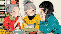 女子会：気の合う女友達が集まり、酒を交わし、おいしい食事をしながら、仕事の話や恋バナをしている｜9815788-13381