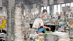 期日には間に合いそうもない書類の山と格闘中のビジネスパーソン達 | 9824956-8336
