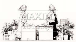 引っ越しの荷造り・荷解きをしている若い女性（シンプルな色使い）｜9826787-6599