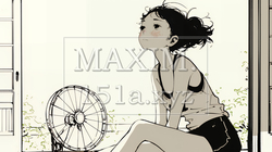暑い夏の昼下がり、扇風機にあたって涼んでいる若い女性（シンプルな色使い）｜9830645-15849