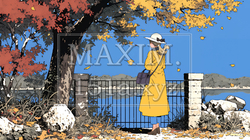 水辺の紅葉の小径を散策している若い女性｜9834820-11731