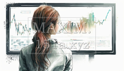 モニターに表示された株価チャートと注文画面を見つめる女性トレーダーの後ろ姿。 | 9845473-3873