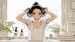 朝支度：洗面所で髪をまとめている若い女性（シンプルな色使い）｜9849874-5553