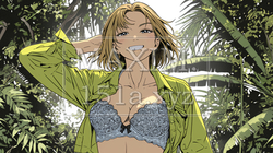 山原の森ではだをはだけている若い女性