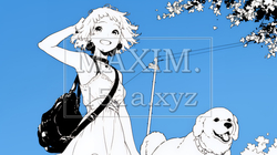 愛犬と散歩している若い女性（シンプルな色使い）｜9807004-10883