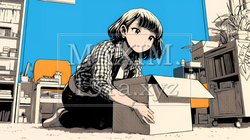 引っ越しの荷造り・荷解きをしている若い女性 | 98614-14939