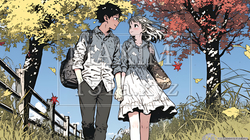 紅葉の小径を歩く若いカップル