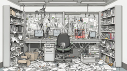足の踏み場もないような散らかった仕事場 | 9863627-16697