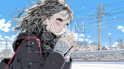 かじかんだ手に息を吹きかけて温めている若い女性 | 987090-15287