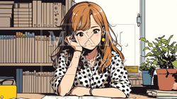 図書館でほーっと考え事をしている若い女性