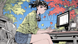 美しい紅葉の中でもPCを手放せない若い女性｜9877613-15933