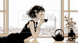 リビングで紅茶を飲んでいる女性（シンプルな色使い）
