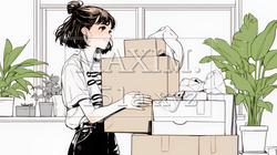 引っ越しの荷造り・荷解きをしている若い女性（シンプルな色使い）｜9888967-4701