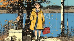 水辺の紅葉の小径を散策している若い女性｜9897275-5867