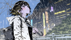 雨の中を歩く女性と都会のランドスケープ｜9907479-10204