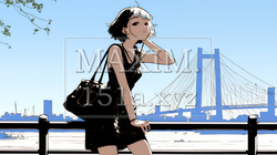 若い女性が佇む都市の街角（シンプルな色使い）
