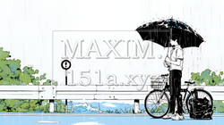 雨の中で自転車で空を見上げる男性（シンプルな色使い）