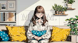 ソファでクッションを抱えてくつろぐ若い女性 | 9909720-16731