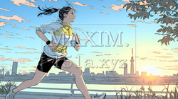 夕方の街並みを背景にジョギングをする若い女性