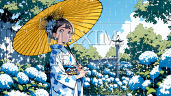 あじさいの小径を和服で歩く若い女性｜9934877-10180