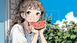 スイカを縁側で食べている若い女性｜9910985-10533