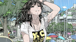 夏の急な雨でびしょ濡れの若い女性｜1026513-8538