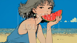 スイカを海辺て食べている若い女性