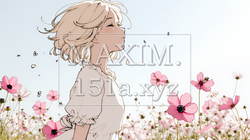 コスモス畑にいる若い女性（シンプルな色使い）