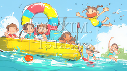 小学生の夏の思い出：海水浴（クレヨン＋水彩画風）