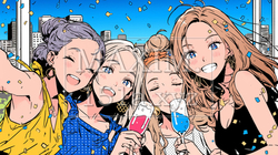 女子会：気の合う女友達が集まり、酒を交わし、おいしい食事をしながら、仕事の話や恋バナをしている