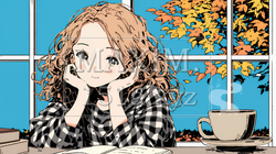 秋の読書を楽しむ若い女性｜静かで落ち着いた秋の日のイラストポートレート｜
